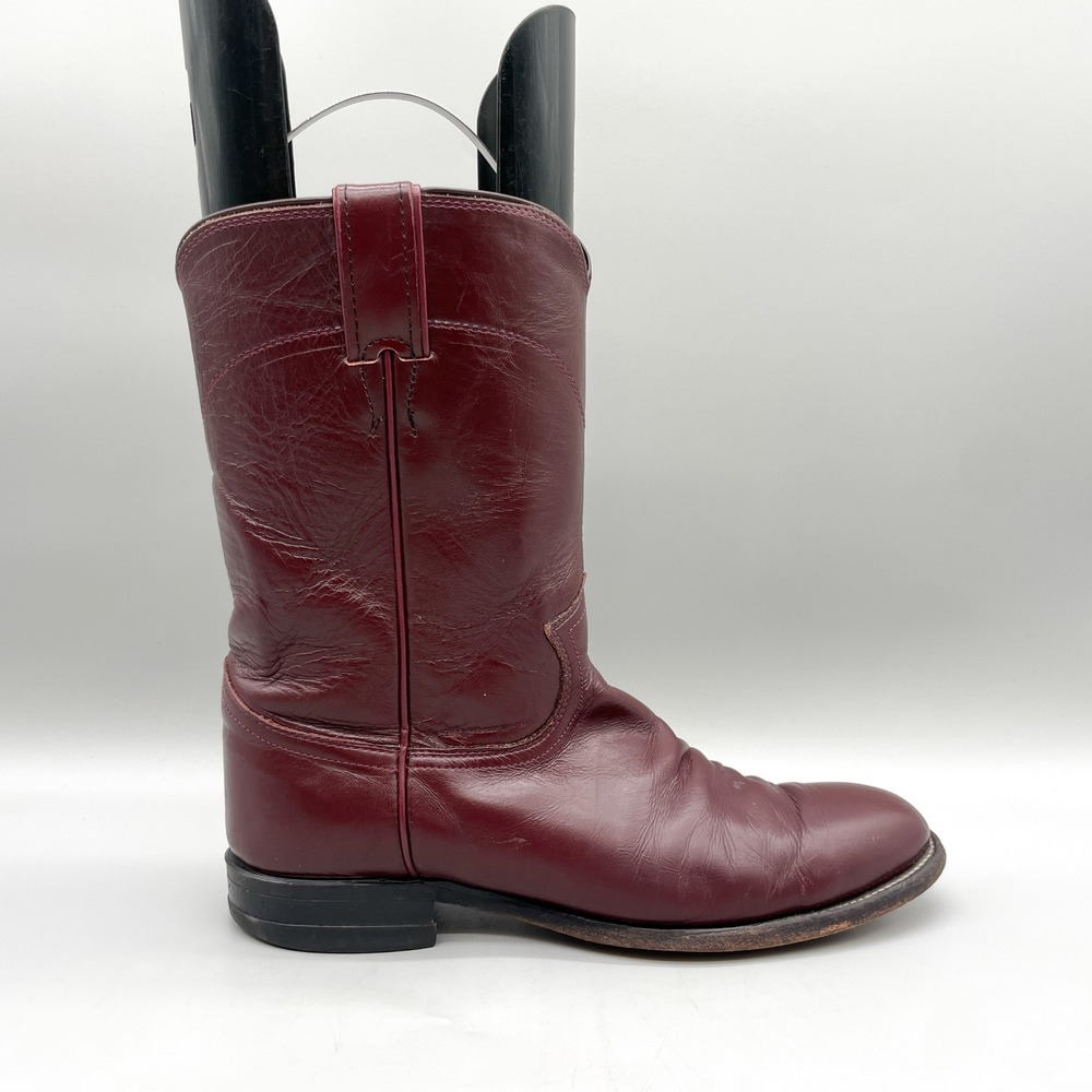Justin Mens 9 B Roper Western Cowboy Boots Burgundy Leather VTG USA Rustic